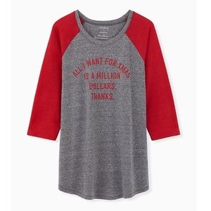 TORRID NWT ALL I WANT FOR X-MAS RED & HEATHERED GREY TRIBLEND RAGLAN TEE